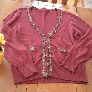 Calvin Klein,XL,Burgundy Feather Trim Angora Blend Button Up Sweater